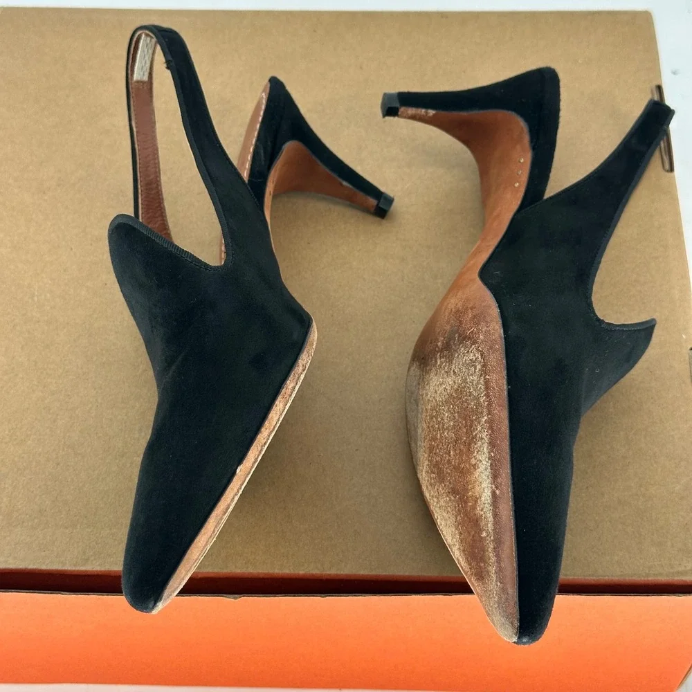 Polo Ralph Lauren Black Stacy Leather Suede Pump Pointed Slingback Heel‎ 9.5 B